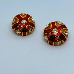 Vintage Joan Rivers Red Enamel Gold Tone with Rhinestones Dome Earrings